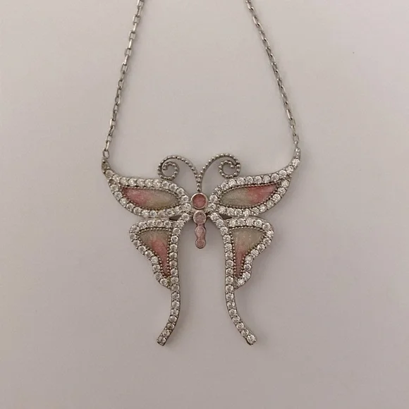 925 Silver butterfly necklace cz pink white enamel
